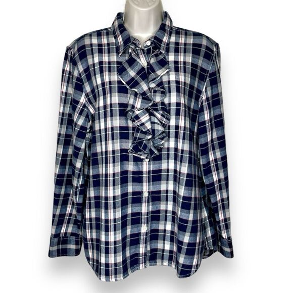 Ralph Lauren LRL Plaid Flannel Ruffle Front Long Sleeve Button Top Blue Women XL - Picture 1 of 12